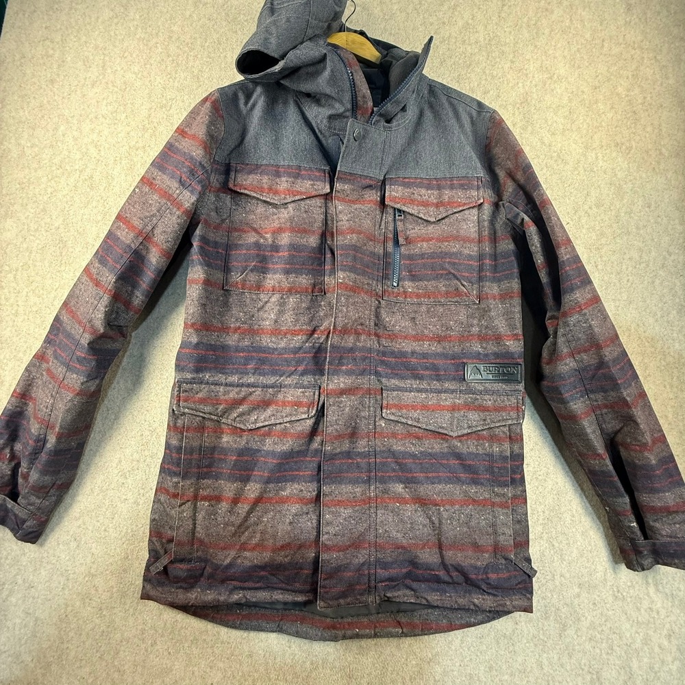 Burton Living Lining Snowboard Jacket Mens XS Striped Hooded Ski Parka Grey Red